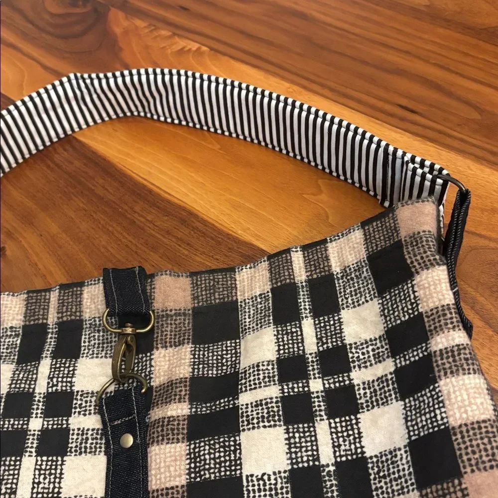 Large Hobo Striped Black White Brown Plaid Denim Purse Handbag